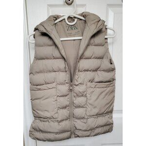 ZARA Women’s Puffer Vest Hooded Zip Up Beige Tan Size 8-9 – 100% Polyester